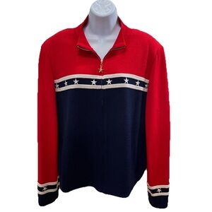 St. John Sport Sz L Cardigan Sweater Full Zip Striped Star Red White Blue Luxury